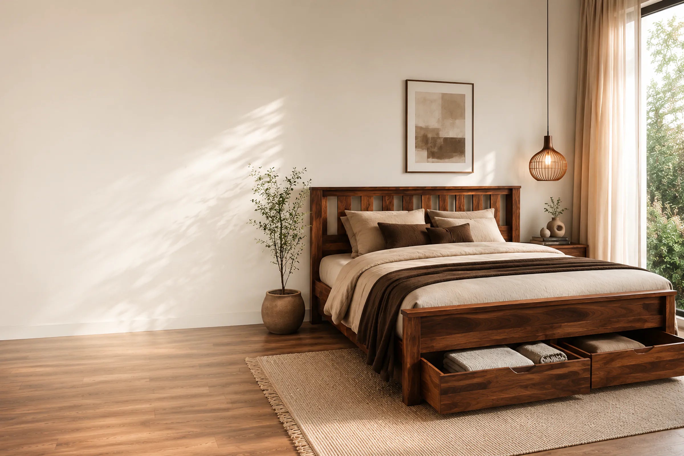 HomeCrest solid wood bed in a sunlit bedroom