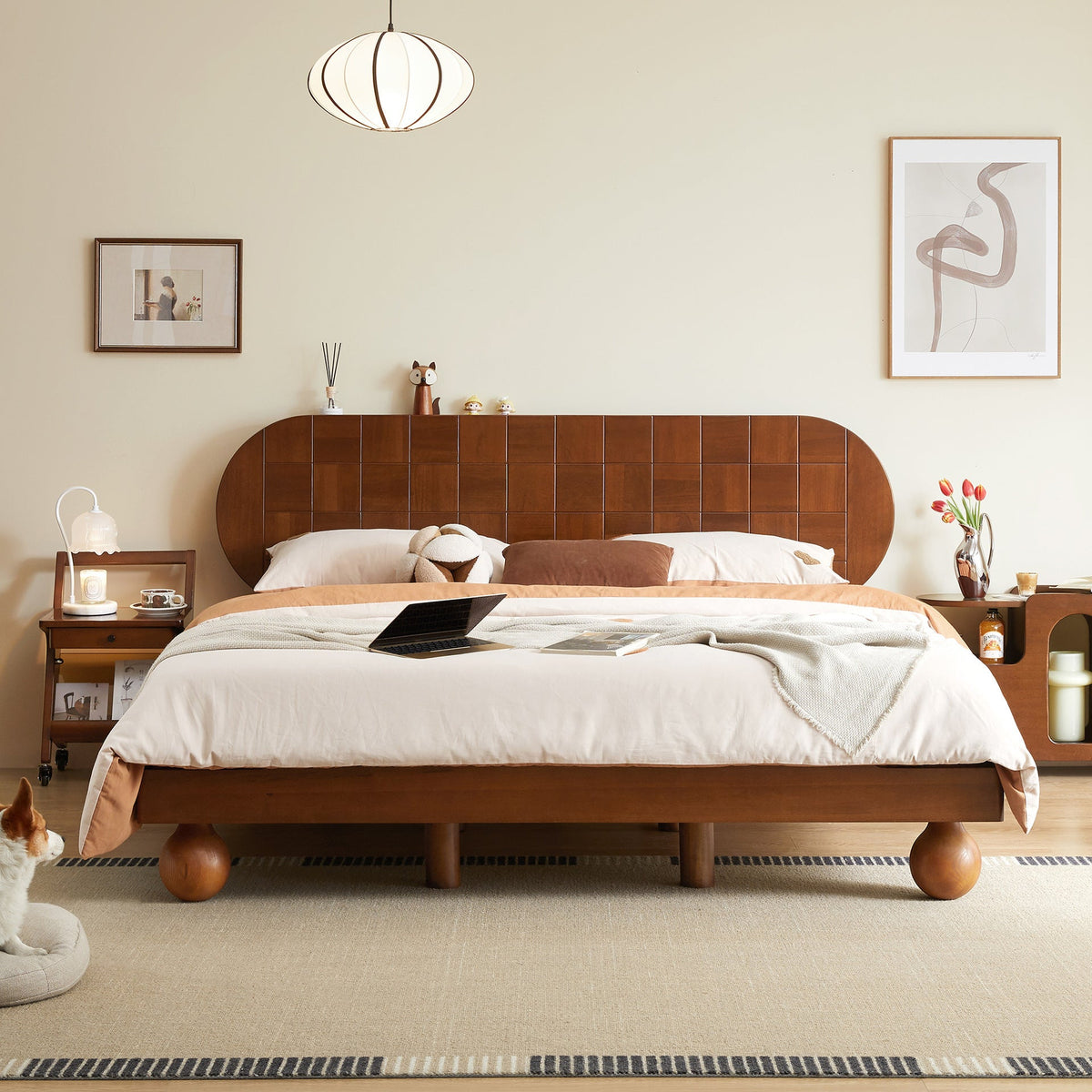 Elstow — Sheesham Wood Low Platform Bed with Spherical Legs