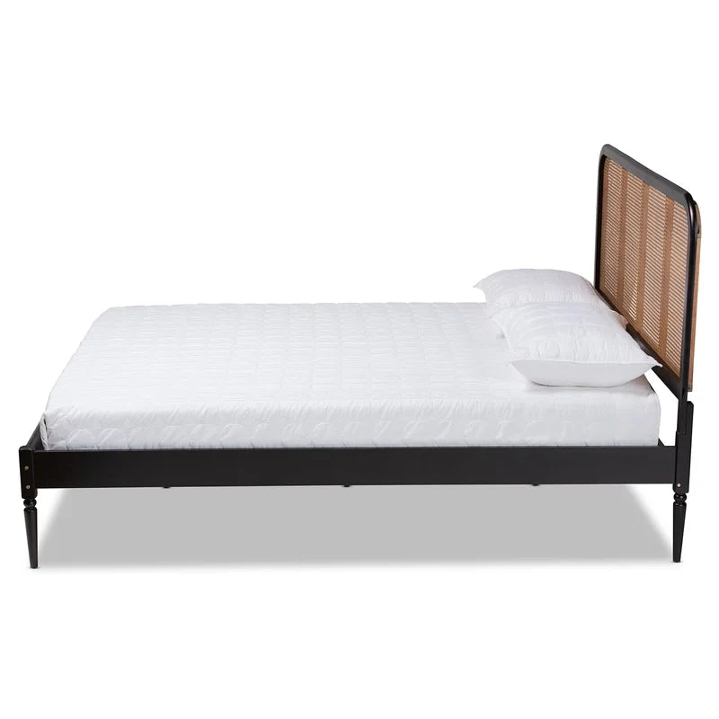 Cassia — Acacia Wood Cane Bed with Woven Rattan Headboard