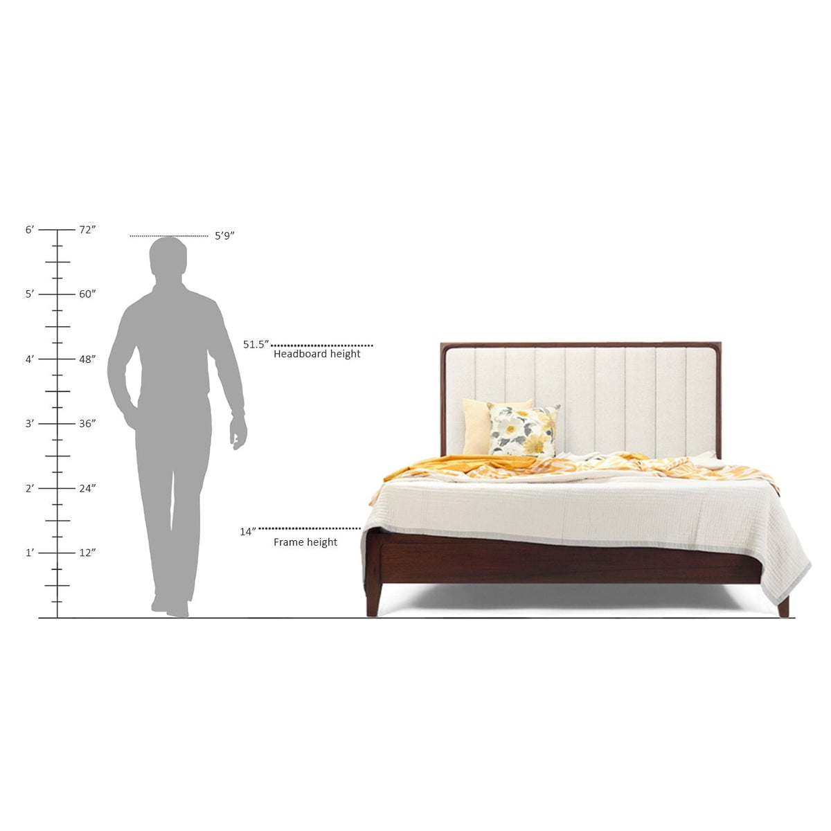 Rushden Teakwood Bed with Panelled Upholstered Headboard