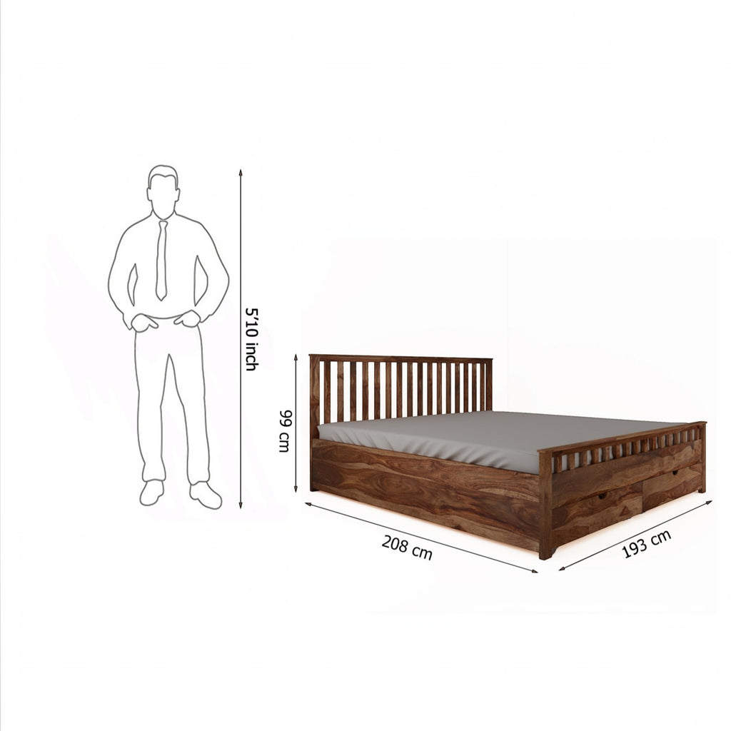 Homecrest Ardley front drawer bed in dark wood with slatted headboard and dimensions shown against a human scale