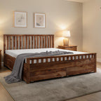 Homecrest Ardley front drawer bed in rich brown wood with a slatted headboard and footboard in a cozy bedroom setting.