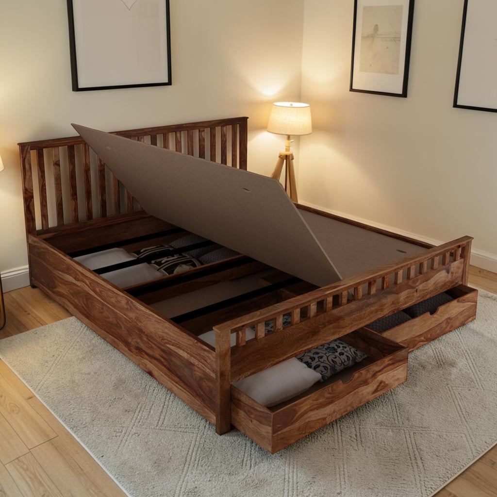 Homecrest Ardley wooden bed frame with a lift-up storage base and a pull-out front drawer in a bedroom setting