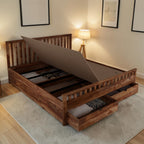 Homecrest Ardley wooden bed frame with a lift-up storage base and a pull-out front drawer in a bedroom setting