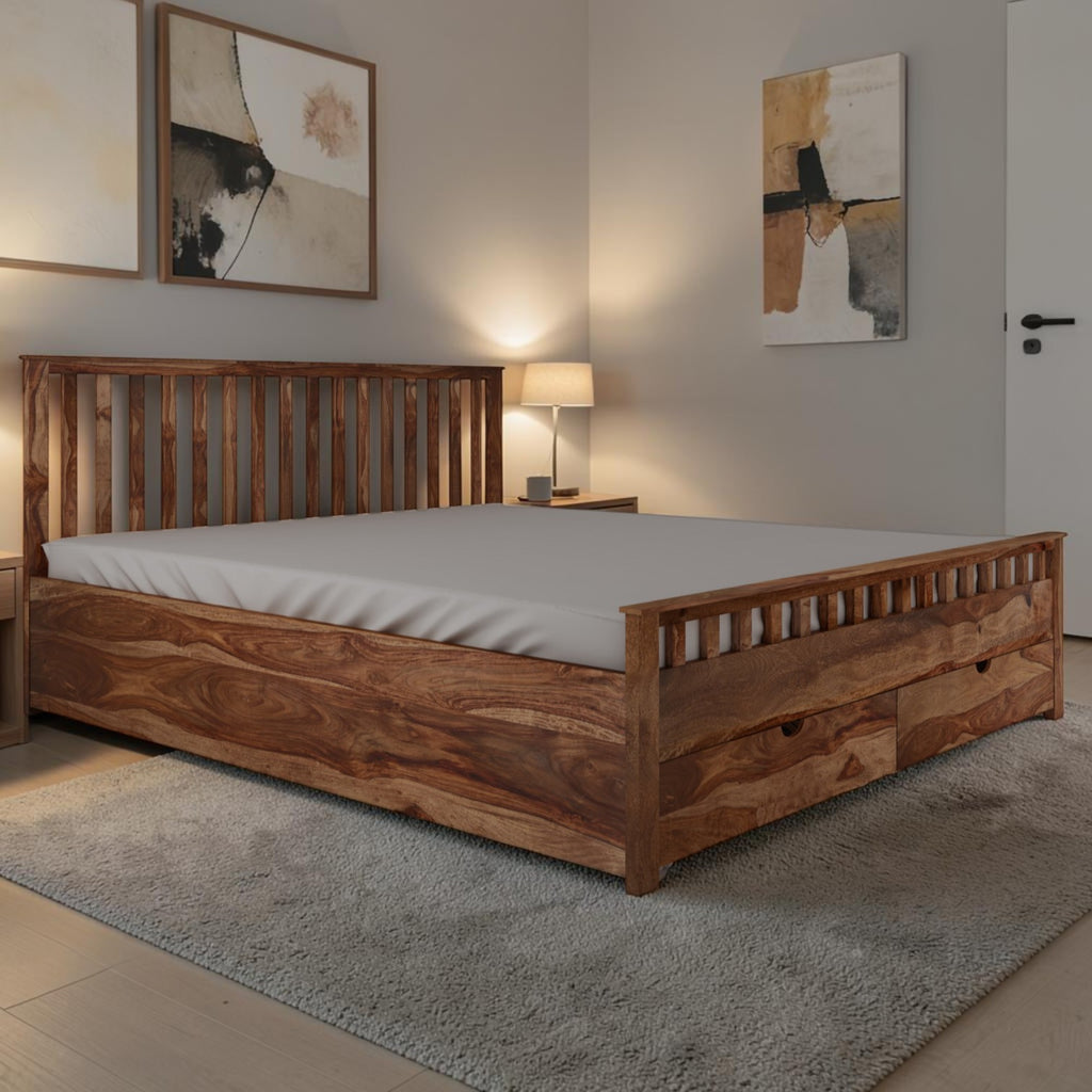 Homecrest Ardley front drawer bed in rich brown wood with a slatted headboard and footboard in a modern bedroom.