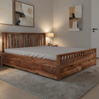 Homecrest Ardley front drawer bed in rich brown wood with a slatted headboard and footboard in a modern bedroom.