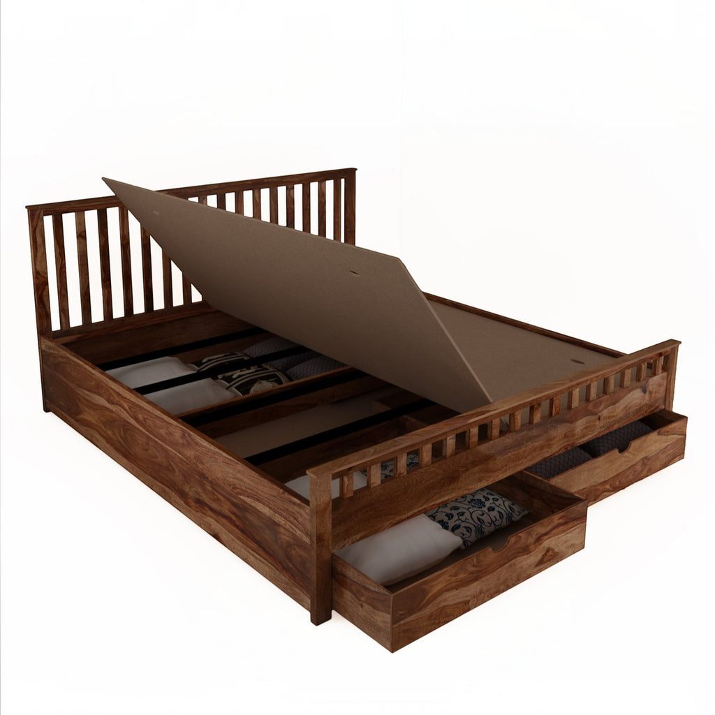 Homecrest Ardley wooden bed frame with a lift-up storage platform and a pull-out front drawer in a rich brown finish.