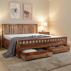 Homecrest Ardley front drawer bed frame in natural wood with slatted headboard and under-bed storage drawers