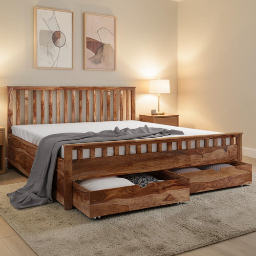Homecrest Ardley front drawer bed frame in natural wood with slatted headboard and under-bed storage drawers