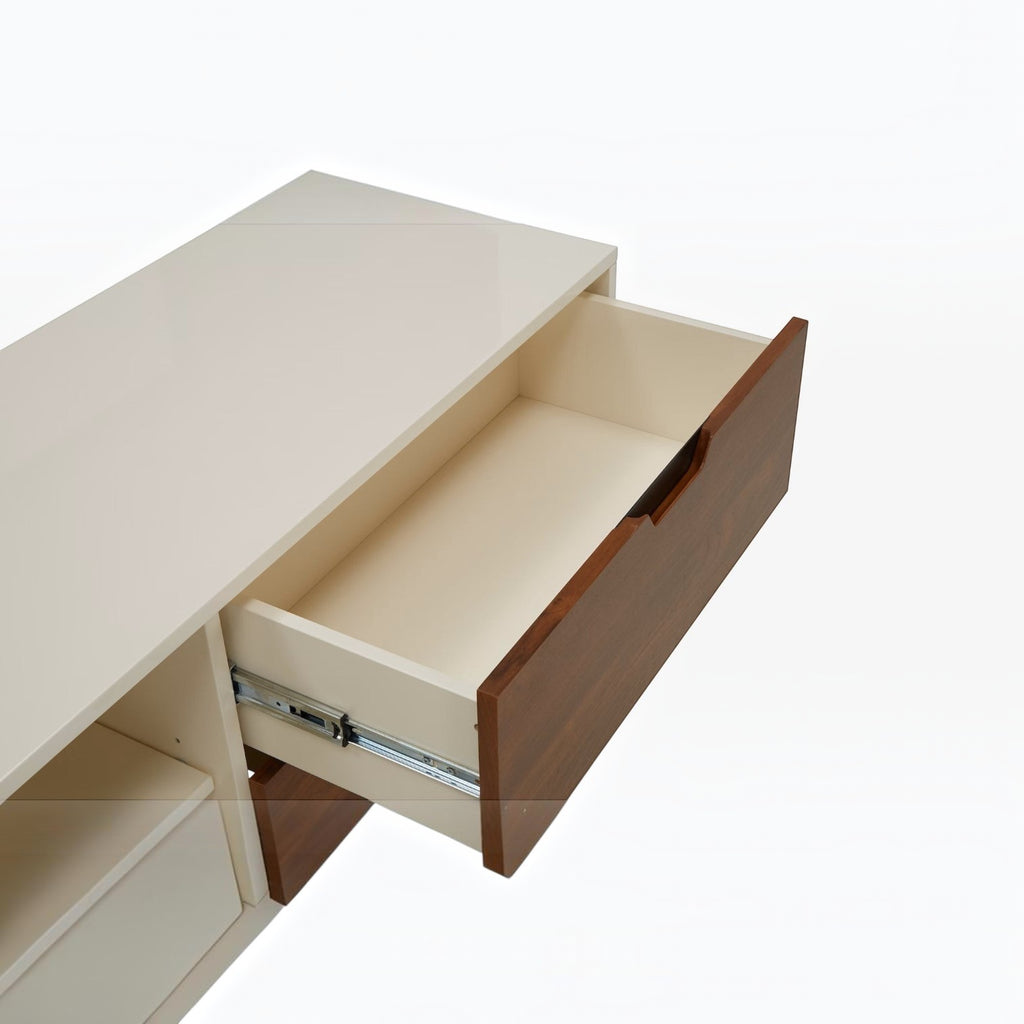 Homecrest Abbott solid wood media stand with an open drawer showing smooth metal glides and a two-tone finish.