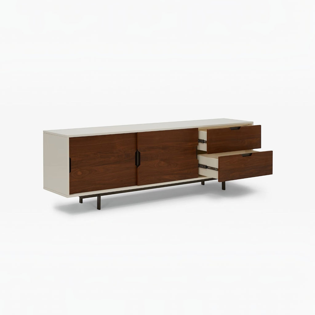 Homecrest Abbott solid wood media stand with two-tone finish, sliding doors, and two open drawers on a white background