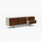Homecrest Abbott solid wood media stand with two-tone finish, sliding doors, and two open drawers on a white background