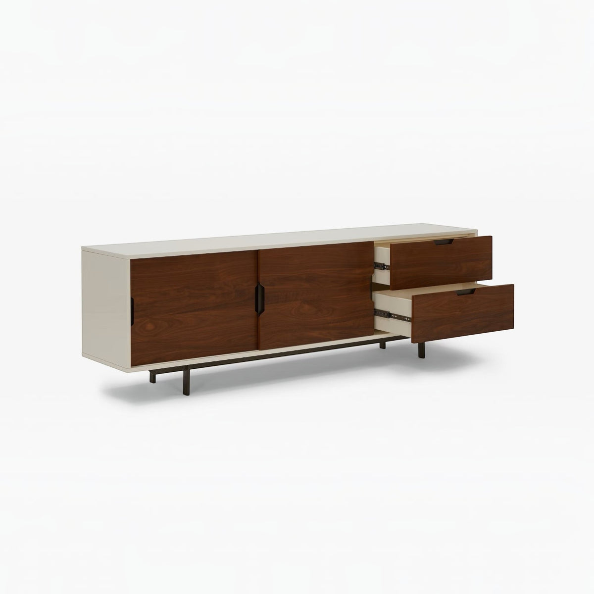 Homecrest Abbott solid wood media stand with two-tone finish, sliding doors, and two open drawers on a white background