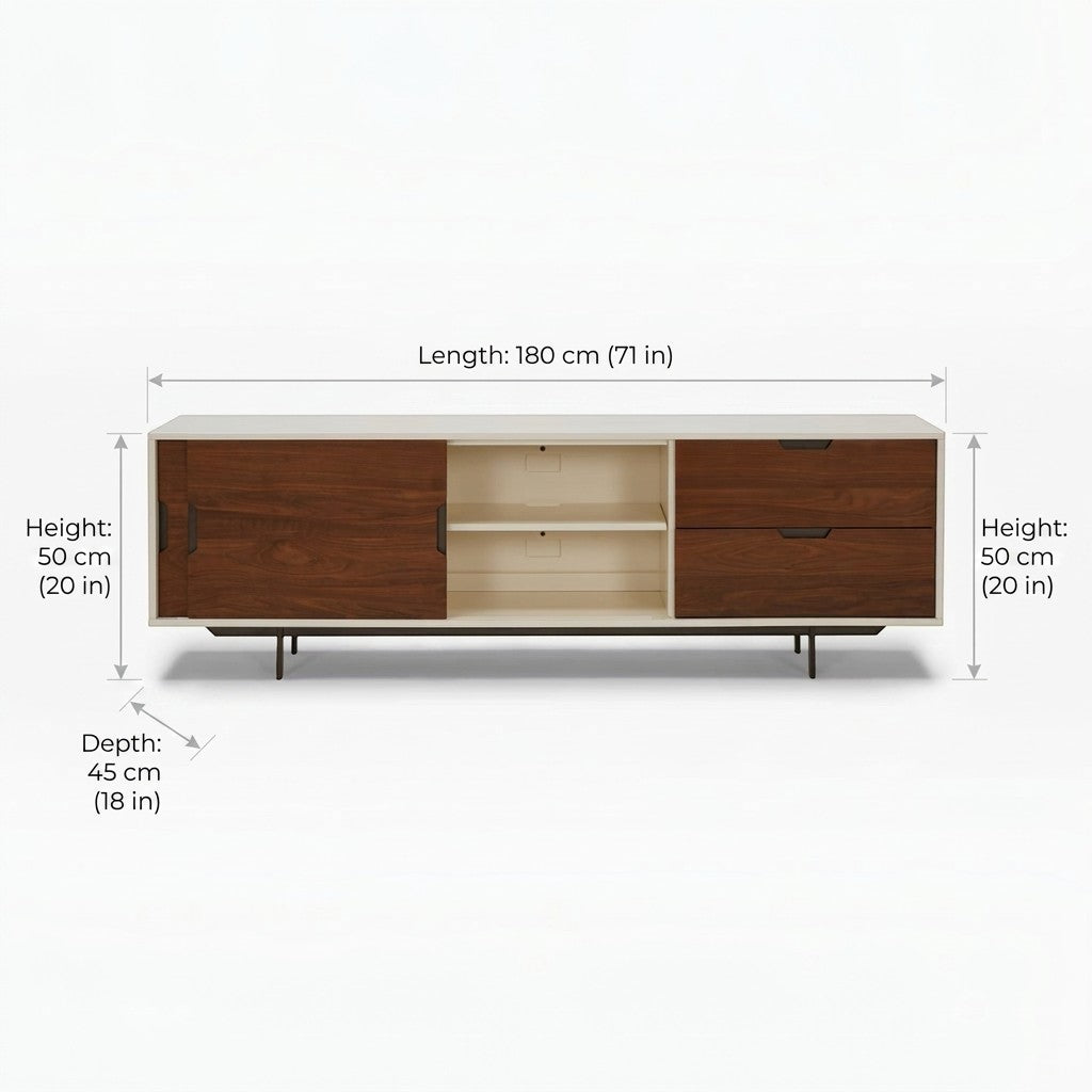 Homecrest Abbott solid wood media stand with a two-tone finish, sliding door, and two drawers on a white background.
