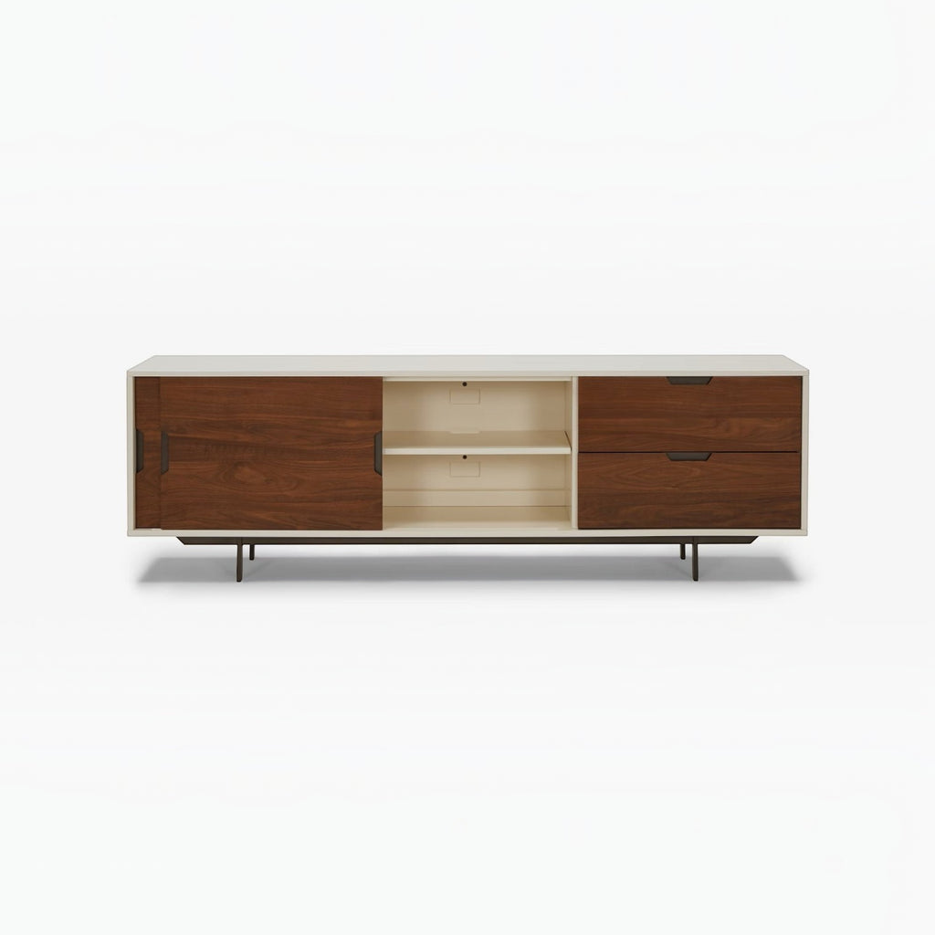 Homecrest Abbott solid wood media stand with a two-tone finish, sliding door, open shelving, and two storage drawers.