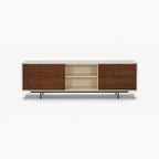 Homecrest Abbott solid wood media stand with a two-tone finish, sliding door, open shelving, and two storage drawers.