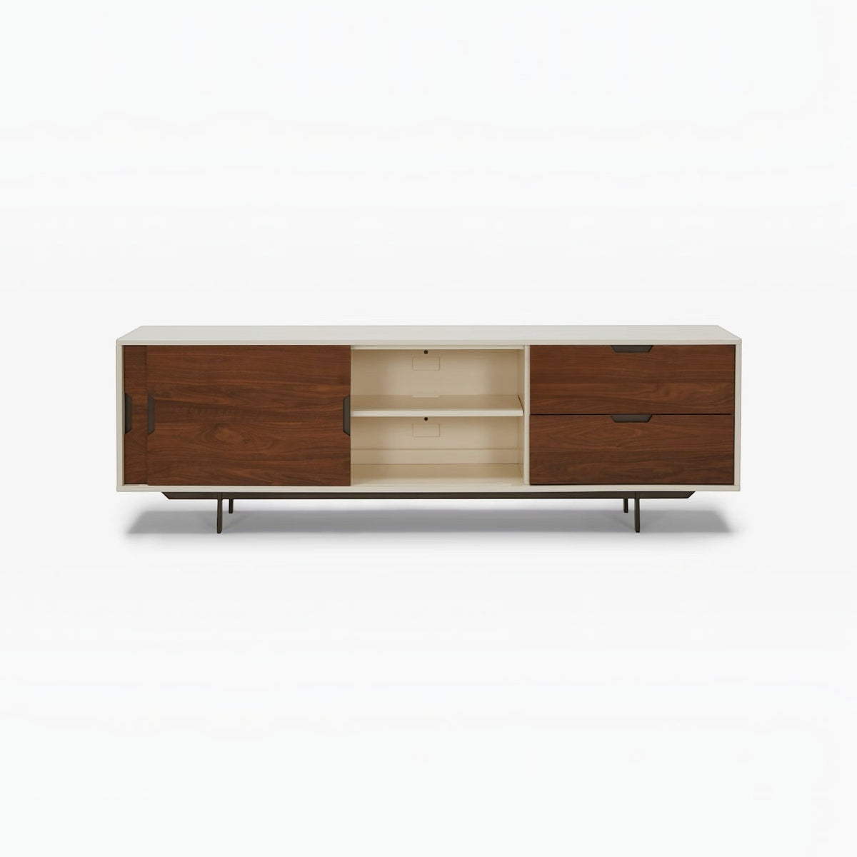 Homecrest Abbott solid wood media stand with a two-tone finish, sliding door, open shelving, and two storage drawers.