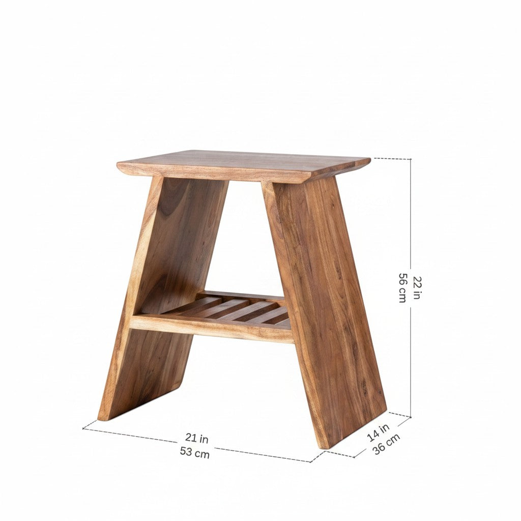 Homecrest Marlin bedside table in natural acacia wood with an angular coastal design and lower storage shelf.