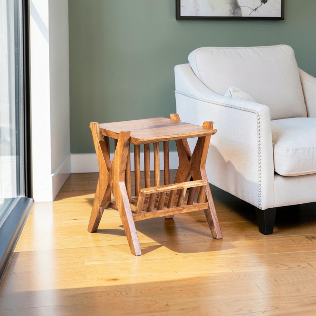 Homecrest acacia wood Corbel side table with natural grain finish in a bright living room setting