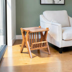 Homecrest acacia wood Corbel side table with natural grain finish in a bright living room setting