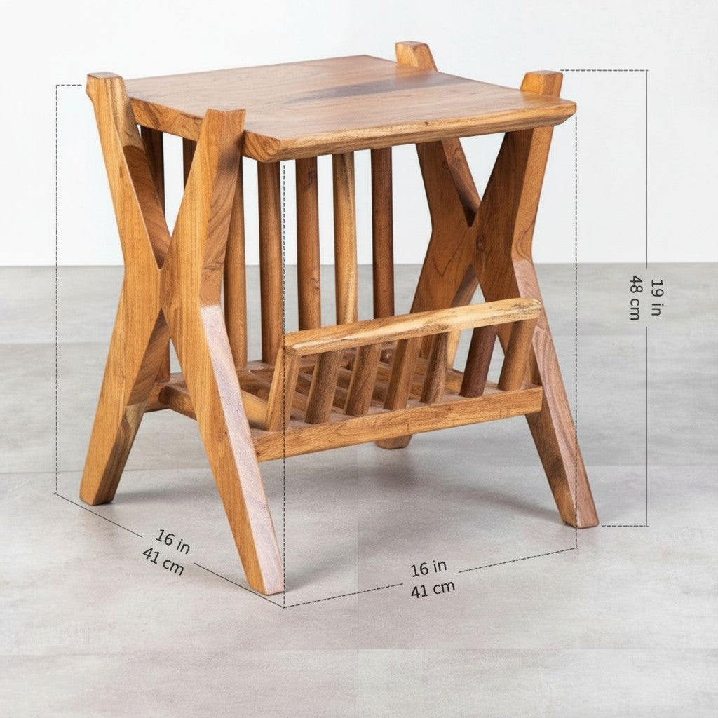 Homecrest acacia wood Corbel side table with natural grain finish and X-frame design for living room decor