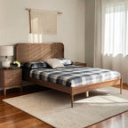 Homecrest classic acacia wood bed featuring a natural rattan cane headboard in a modern bedroom setting.