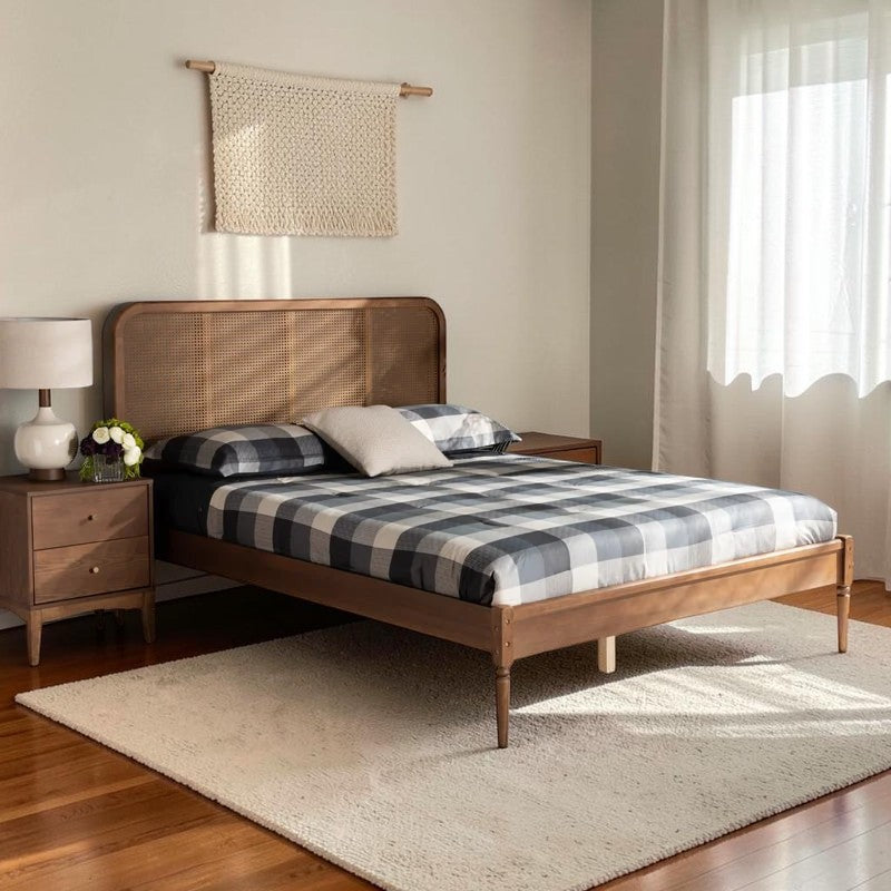 Homecrest classic acacia wood bed featuring a natural rattan cane headboard in a modern bedroom setting.