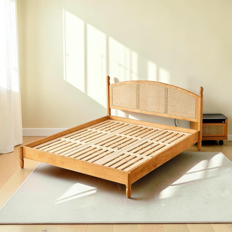 Homecrest mid-century style bed frame in natural acacia wood with a woven rattan cane headboard