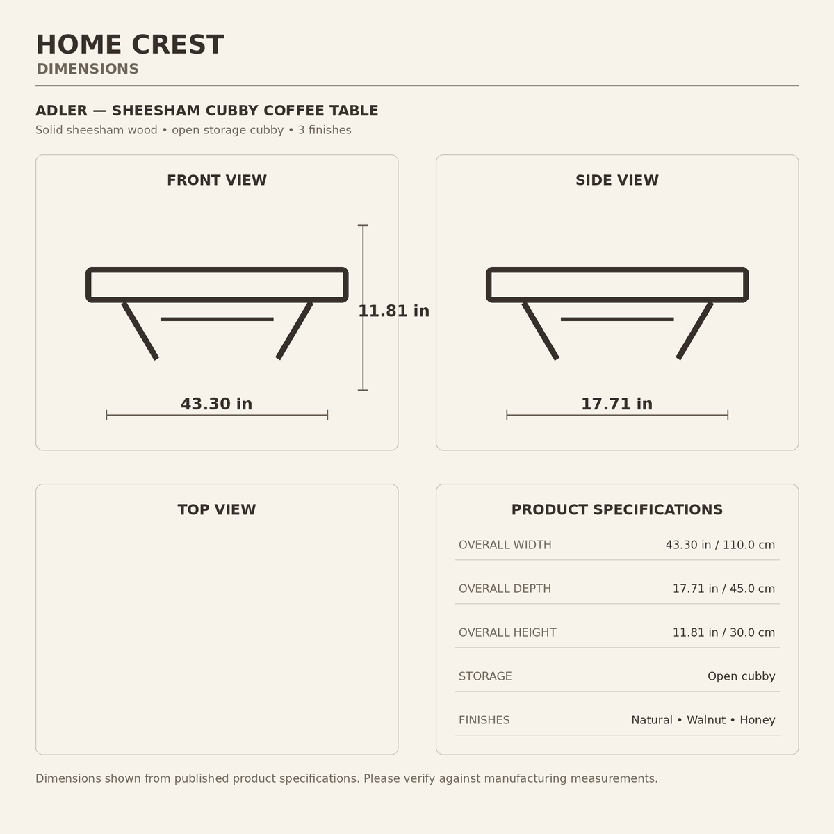 HomeCrest Adler coffee table dimensions — 43.30 in W × 17.71 in D × 11.81 in H