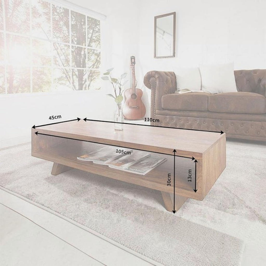 Homecrest Adler low rectangular coffee table in solid sheesham wood with an open storage cubby and tapered base.