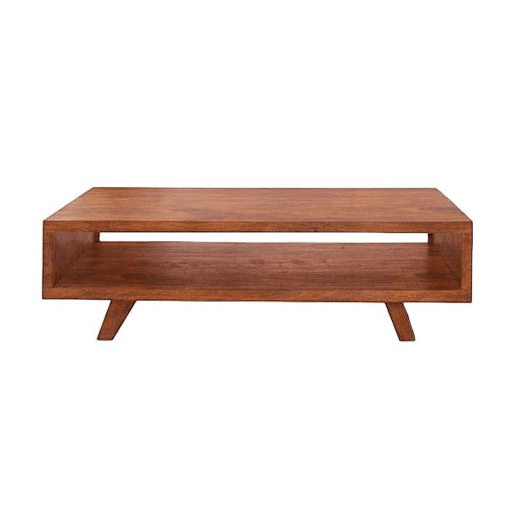 Homecrest Adler low rectangular coffee table in solid sheesham wood with an open storage cubby and tapered legs.