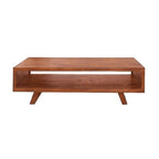 Homecrest Adler low rectangular coffee table in solid sheesham wood with an open storage cubby and tapered legs.