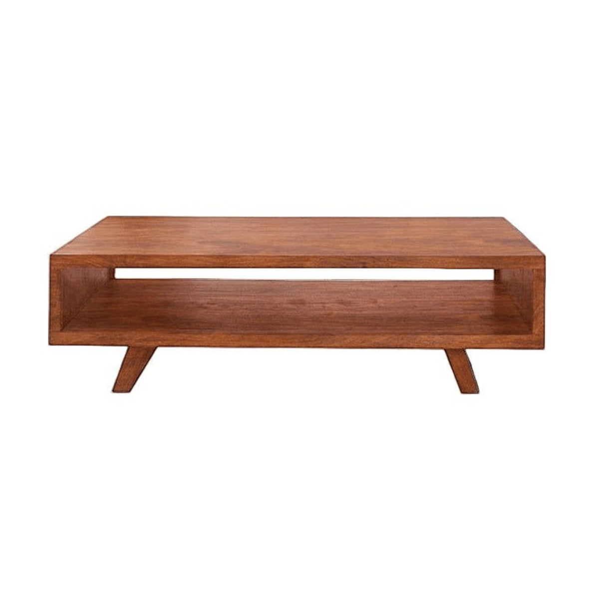 Homecrest Adler low rectangular coffee table in solid sheesham wood with an open storage cubby and tapered legs.