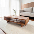 Homecrest Adler low rectangular coffee table in solid sheesham wood with an open storage cubby and tapered base.