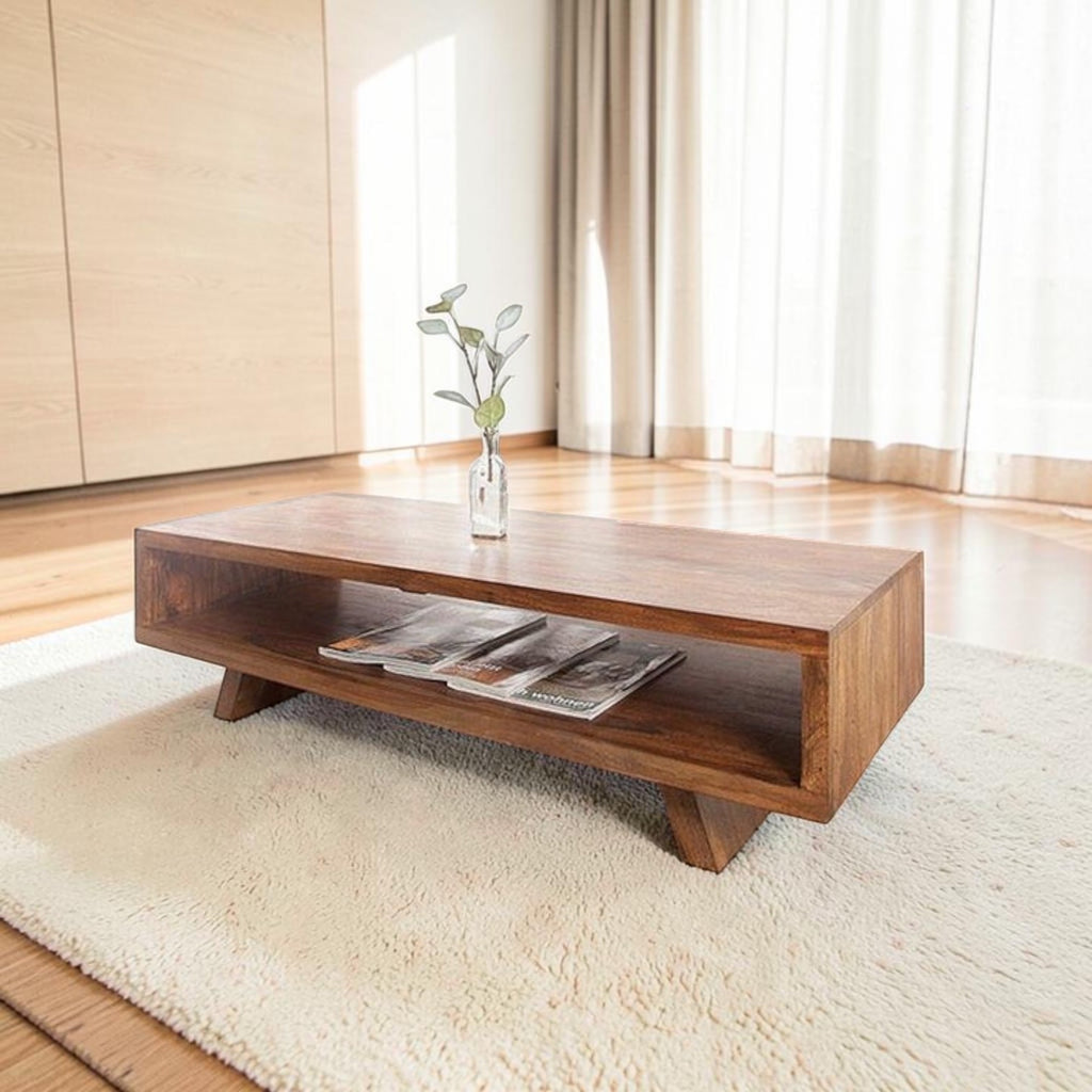 Homecrest Adler low profile rectangular coffee table in solid sheesham wood with an open storage cubby and tapered base