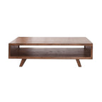 Homecrest Adler low-profile rectangular coffee table in solid walnut-finished sheesham wood with an open storage cubby.
