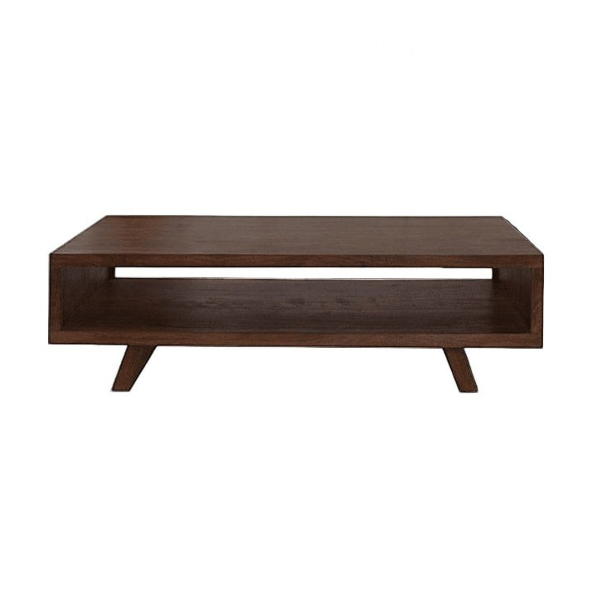 Homecrest Adler low-profile rectangular coffee table in dark walnut sheesham wood with an open storage cubby.
