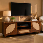Homecrest Aldon media unit in honey wood with half-moon cane webbing doors, open shelving, and a cane-fronted drawer.
