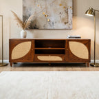 Homecrest Aldon media unit in honey wood with arched cane webbing doors, open shelving, and a cane-fronted drawer.