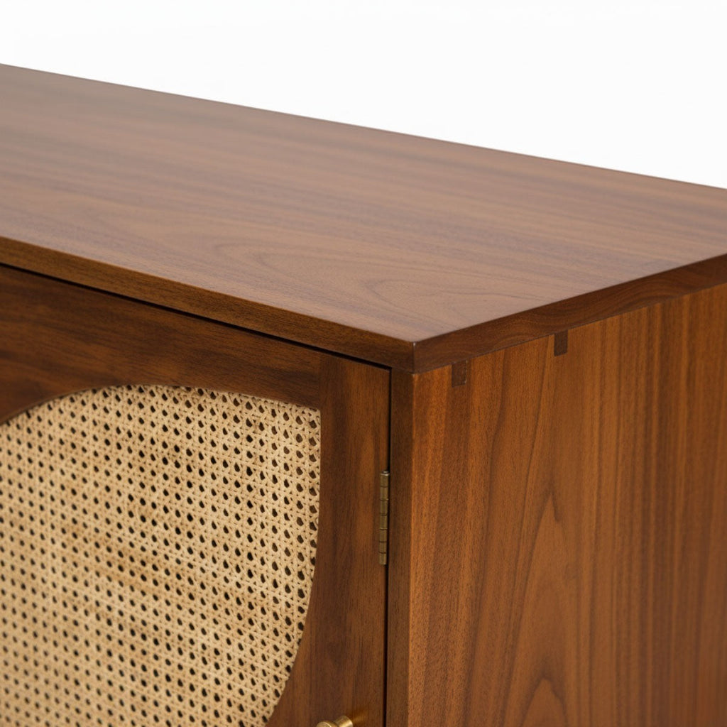 Homecrest Aldon media unit in honey wood finish featuring a half-moon cane webbing cutout on the cabinet door.