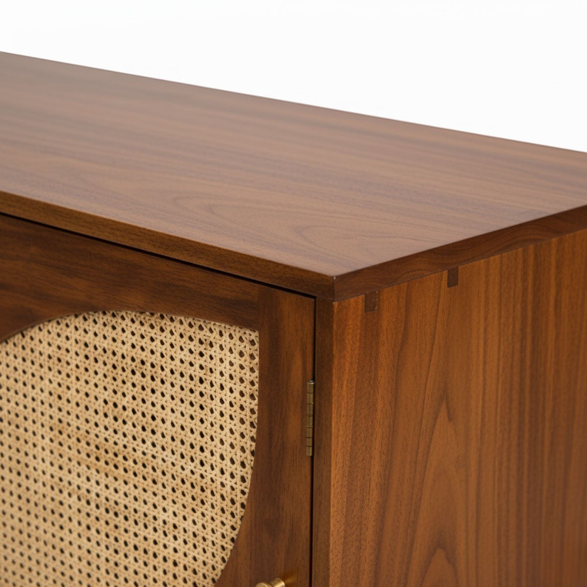 Homecrest Aldon media unit in honey wood finish featuring a half-moon cane webbing cutout on the cabinet door.