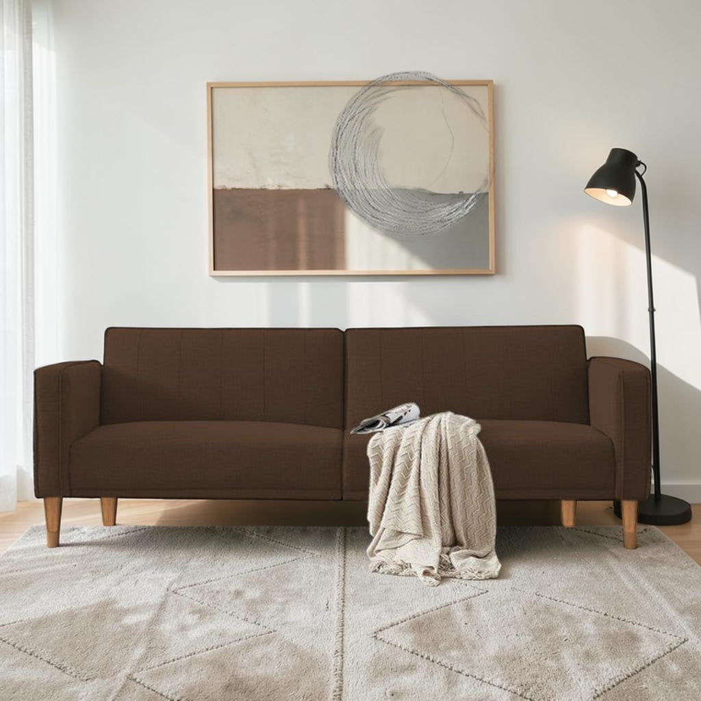 Homecrest Aldous brown polyester three-seater sofa bed with solid wood frame in a modern living room setting