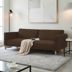 Homecrest Aldous three-seater sofa bed in brown polyester fabric with solid wood legs in a modern living room