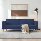 Homecrest Aldous navy blue three-seater sofa bed with polyester upholstery and solid wood legs in a modern living room