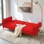 Homecrest Aldous three-seater sofa bed in vibrant red polyester fabric with solid wood legs in a modern living room