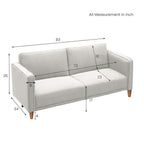 Homecrest Aldous three-seater sofa bed in light grey polyester fabric with solid wood frame and dimension diagram