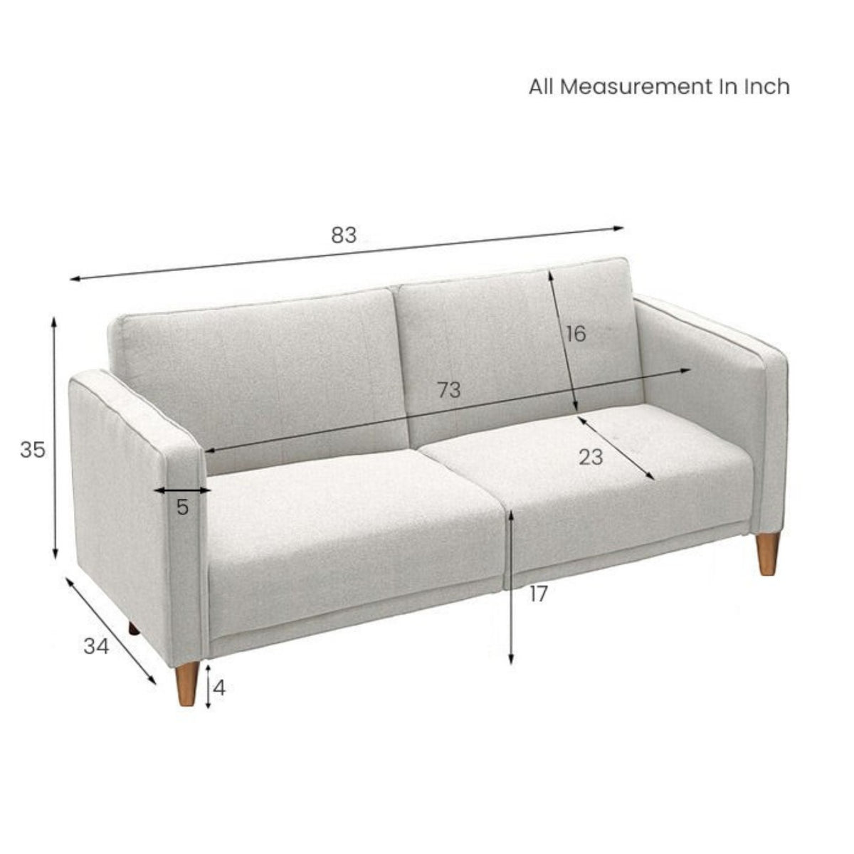 Homecrest Aldous three-seater sofa bed in light grey polyester fabric with solid wood frame and dimension diagram