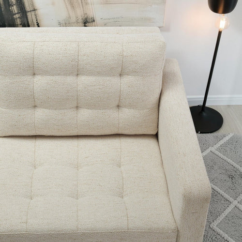 Homecrest Aldric contemporary sofa in Bone fabric with a tufted seat and backrest and slim teakwood frame