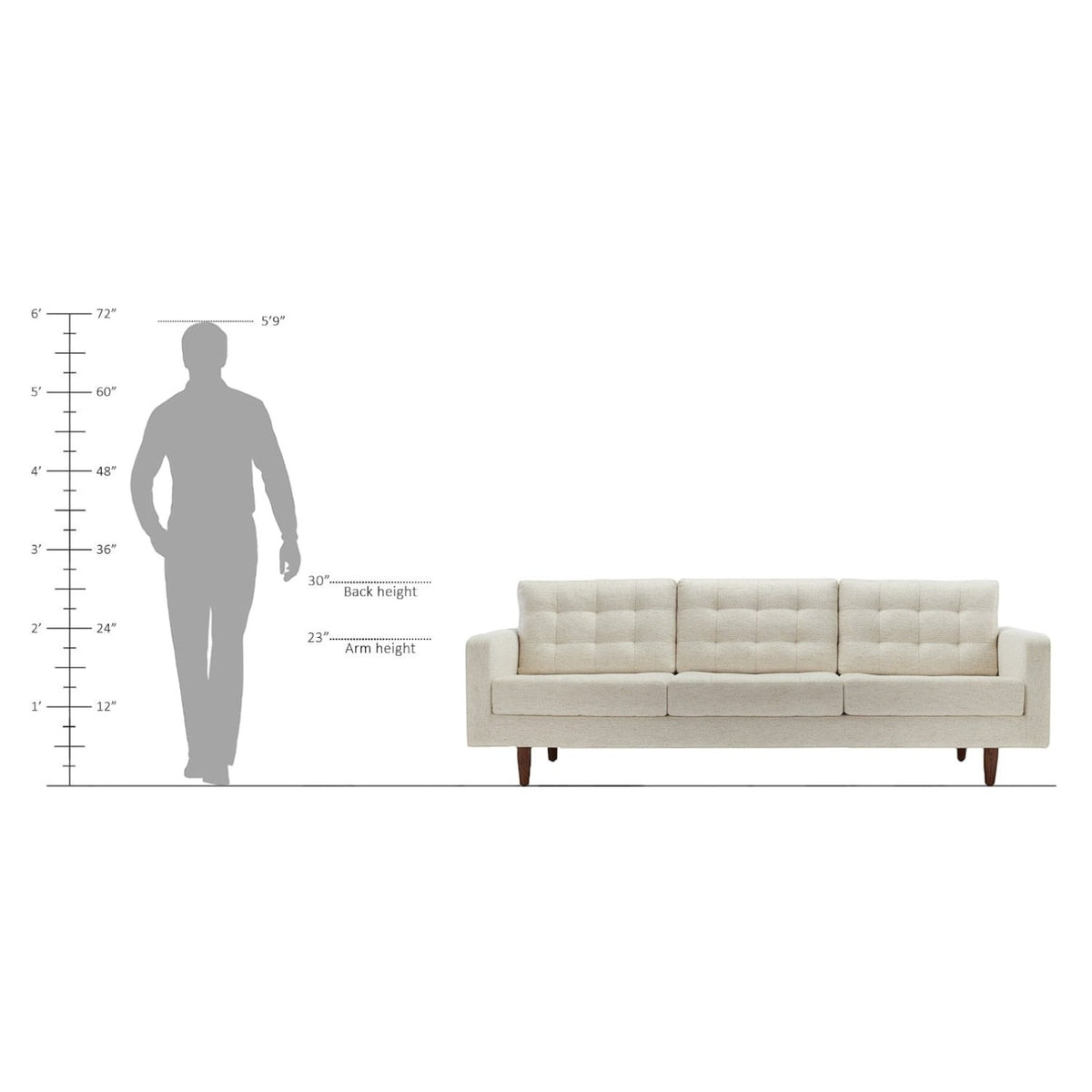 Homecrest Aldric contemporary sofa in bone fabric with slim teakwood legs, shown with a scale reference silhouette.