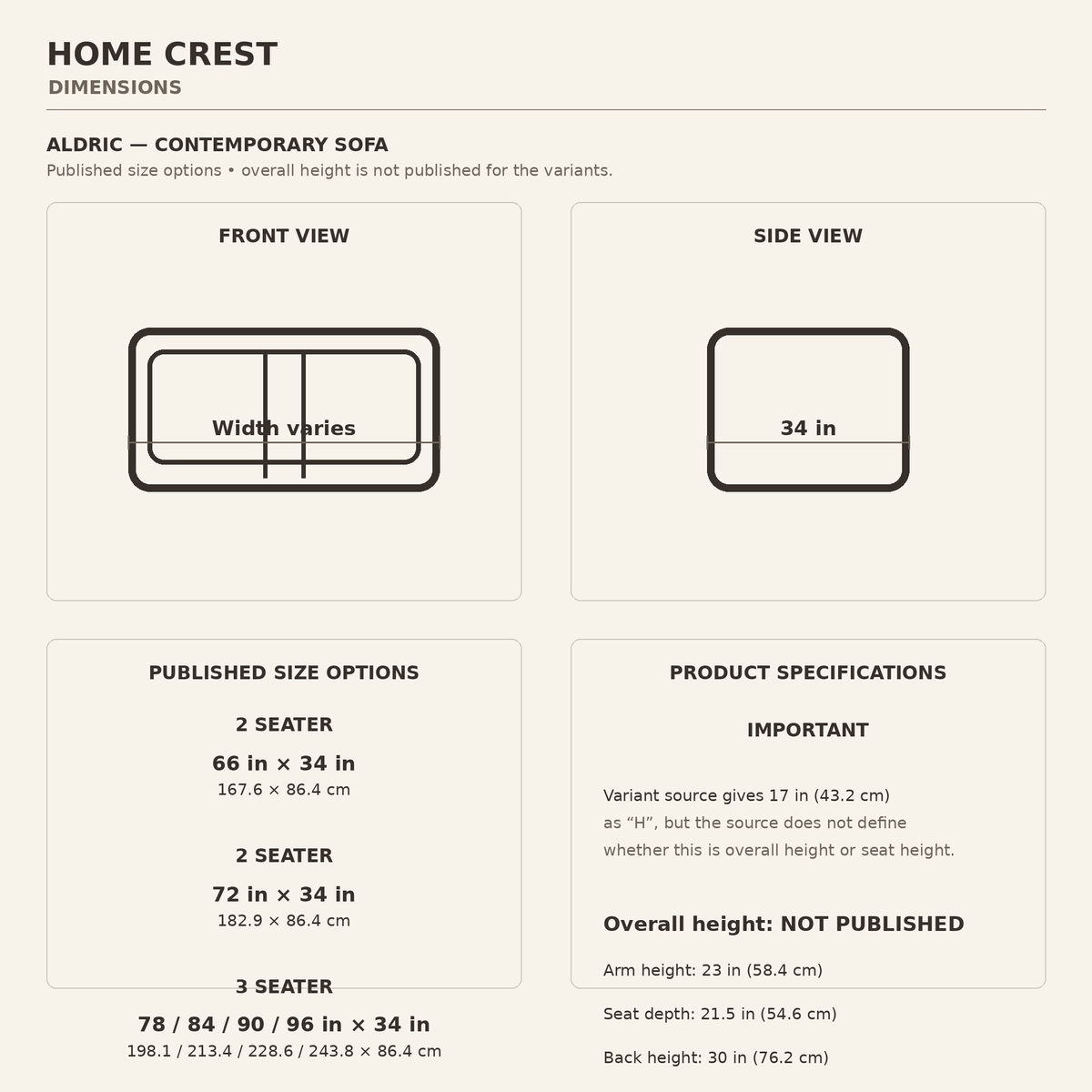 HomeCrest Aldric sofa published size options and verified dimensions; overall height not published